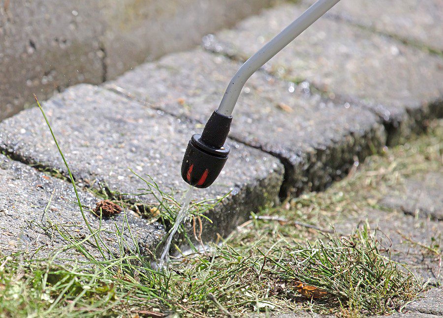 Close-up of a weed sprayer applying herbicide between paving stones