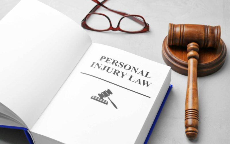 Open book titled 'Personal Injury Law' next to a gavel and eyeglasses.