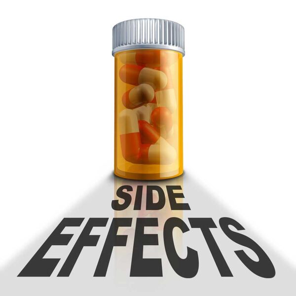 Prescription pill bottle with the words 'Side Effects' in bold beneath it.